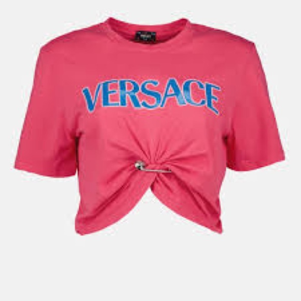 Versace Dua Lipa Fuchsia Twist Tee with Blue Logo NWT